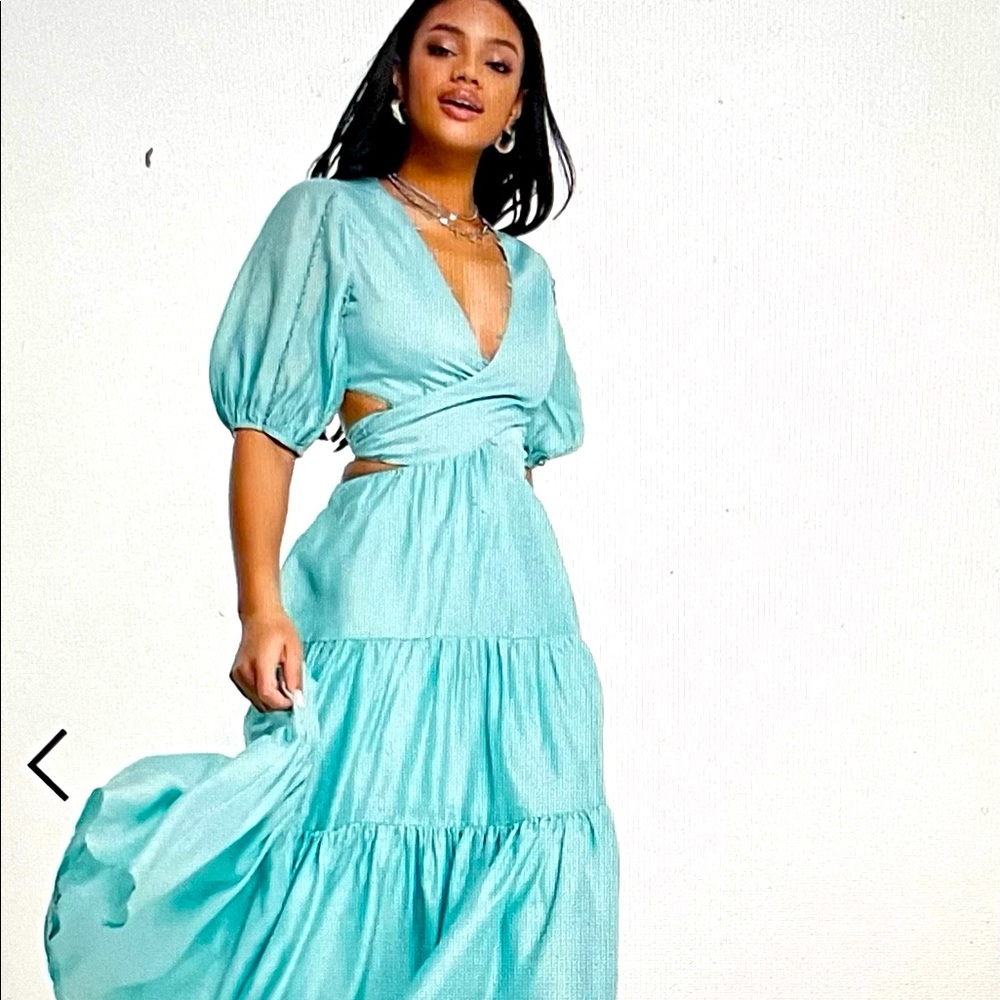 ASOS blouson sleeve midi dress with lace detail and open back